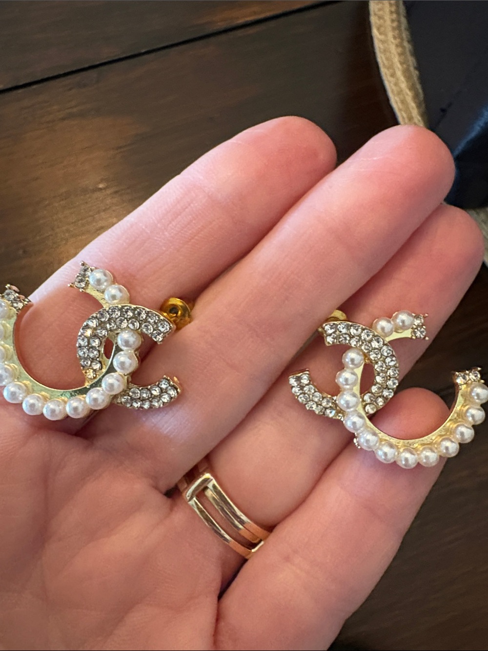 Pearl & Crystal Double-C hoop Earrings - Gold Tone White Pearls